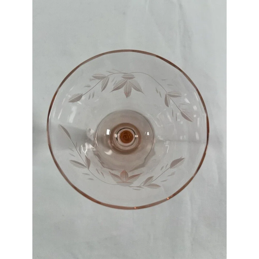 Lot of 2 Vintage Pink Depression Wine Glass Floral Etched #676
